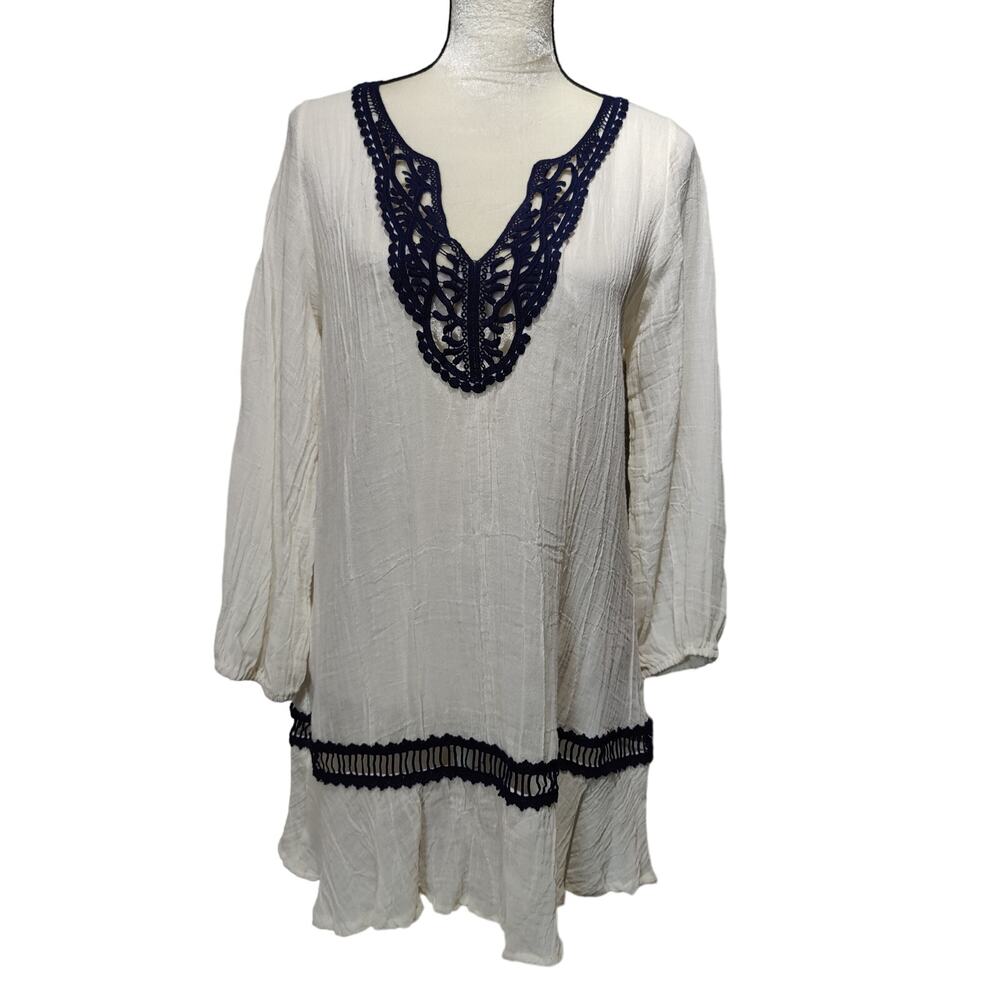 Eberjey Women's Sz M/L Cream Beach Cover Up Tunic Dress Navy Crochet Lace Gauzy